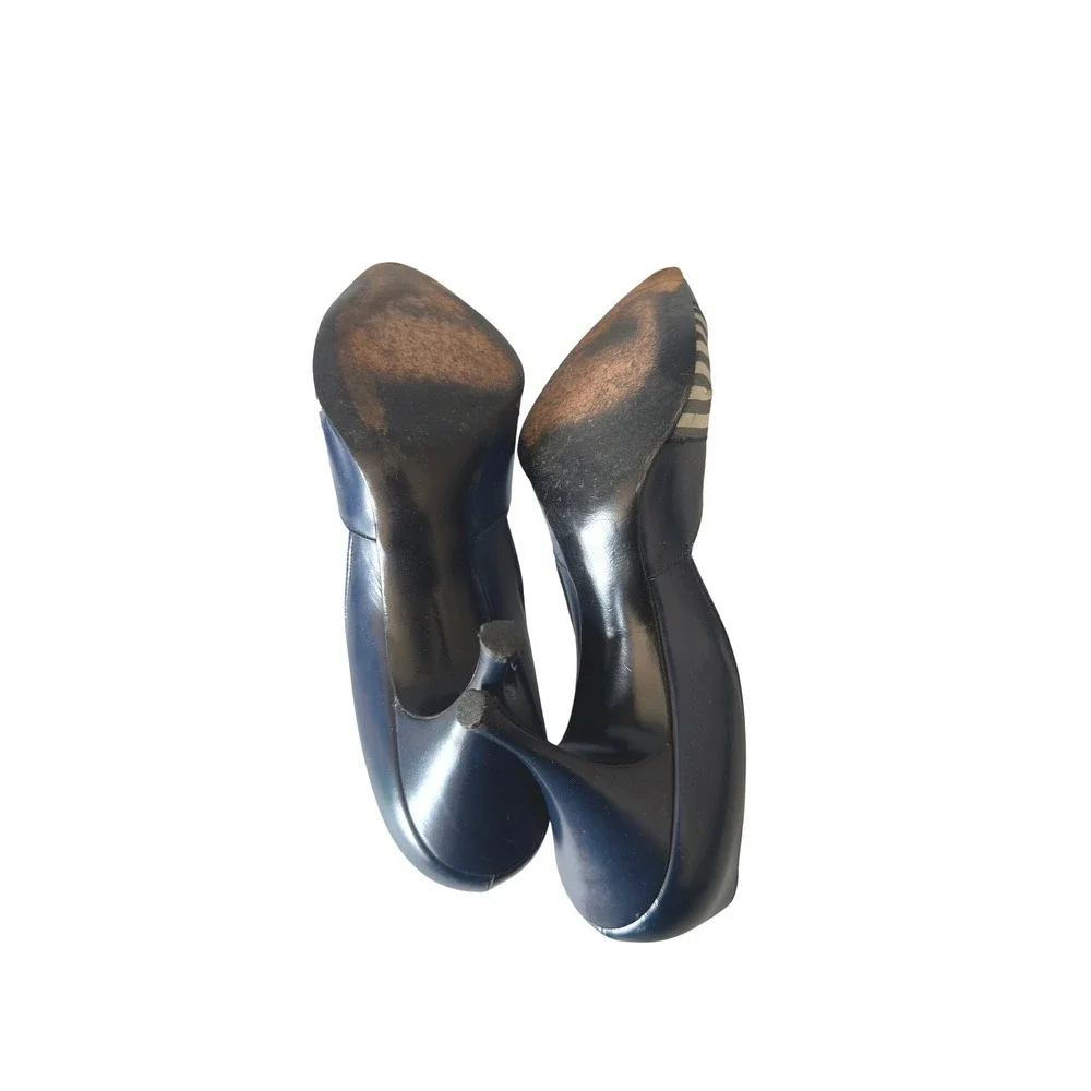 Vintage 40s 50s Peacock Shoes Blue Leather Striped Knot Pointed Toe Pumps Heels
